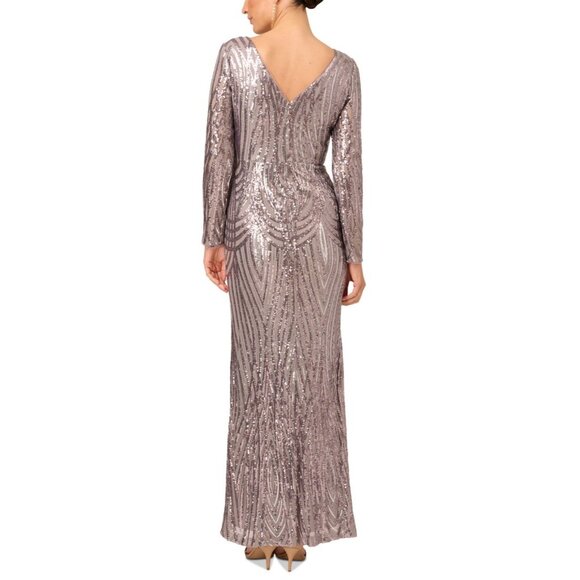 Adrianna Papell Size 12 Stone Gray Sequin Gown Long Sleeve Cocktail, Formal Maxi - Picture 3 of 12